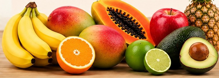 Banana, manga, mamão, laranja, maçã, limão, abacate e abacaxi
