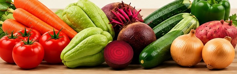 Cenoura, tomate, chuchu, beterraba, pepino, cebola e pimentão
